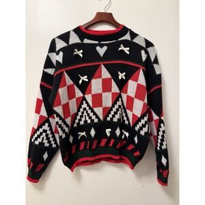 Vintage 80s Adele Knitwear Hearts Black & Red Sweater Crewneck Knit Xmas M/L